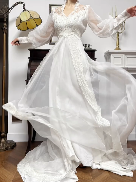 Ivory Vintage Chiffon Wedding Gown, V‑Neck Lace Illusion Neckline, Vintage Lantern Long Sleeves, Lace Appliqués Empire Waist, Draped Flowy Full‑Length Skirt, Lace‑Trimmed Long Train, Bridal Prom Dress gh8773