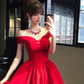 Women Vibrant Red Off Shoulder Homecoming Dress Bow V Neck Boned Waist A-Line Puffy Short Party Dress gh9431
