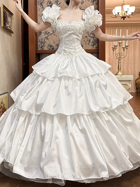 White Vintage Satin Ball Gown Wedding Prom Dress, Sweetheart Off‑the‑Shoulder, 3D Floral Shoulder Decor, Boned Corset, Tiered Ruffle Skirt gh8678