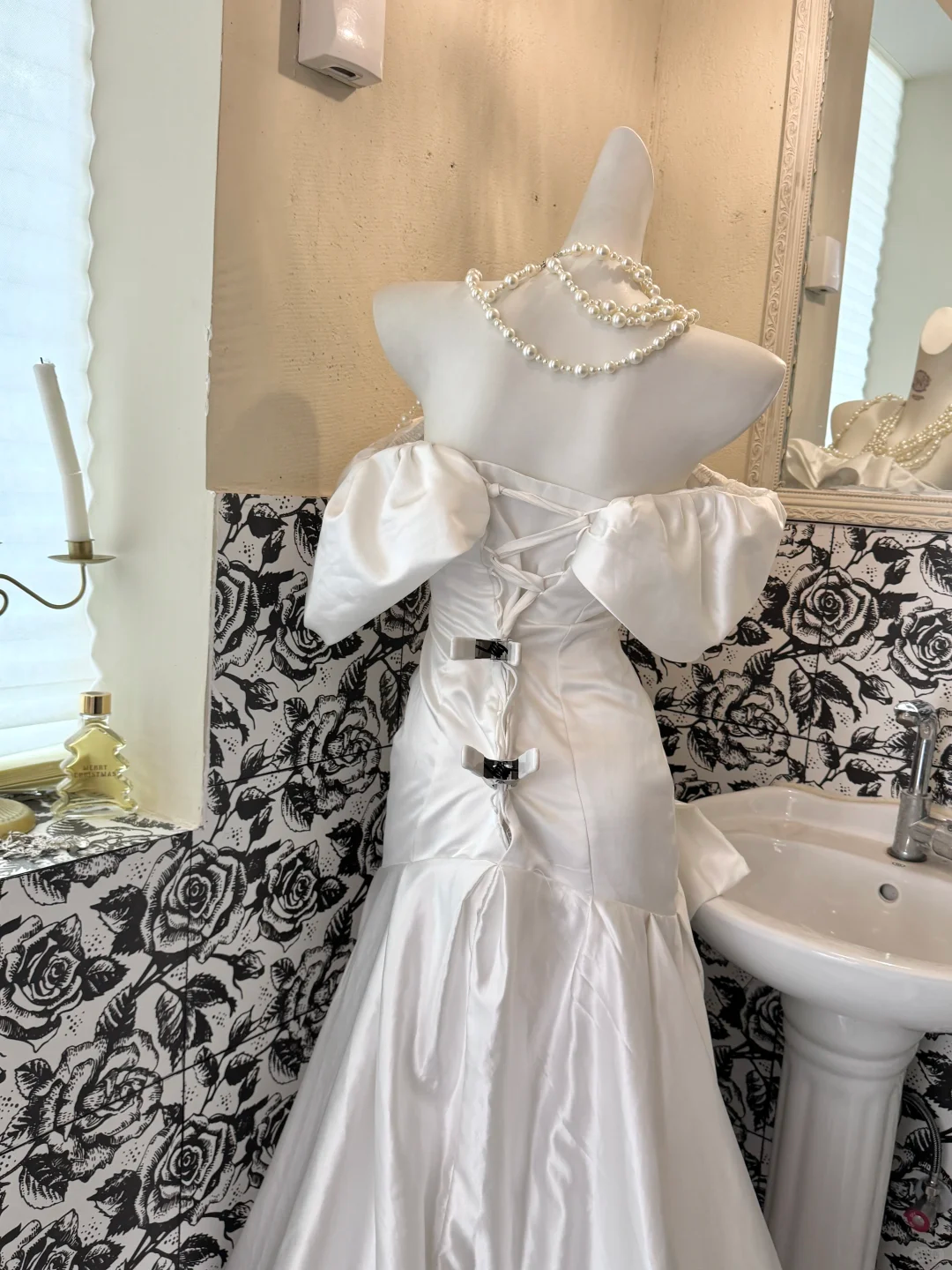 White Satin Ruffled Off-the-Shoulder Waist-Cinched Bodycon Sexy Long Romantic Dress, Wedding Gown gh7728