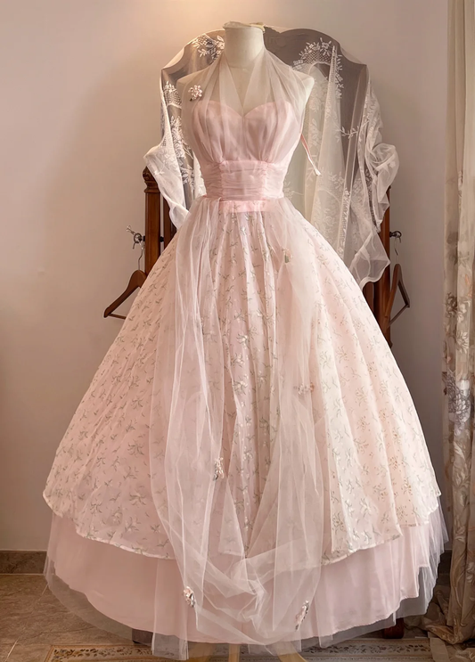 Pink Halter Vintage Ball Gown, Sweetheart Neck Floral Tulle Party Dress gh9343