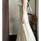 Off‑White Vintage Washed‑Tie‑Dye Slip Gown, Ruffled Overlay Square Neck, Adjustable Tie‑Up Spaghetti Straps, Side Ruched Waist, Sheer Tulle Overlay, High‑Slit Floor‑Length Skirt,  Oil‑Painting Style Photoshoot Elopement Wedding Dress gh8854