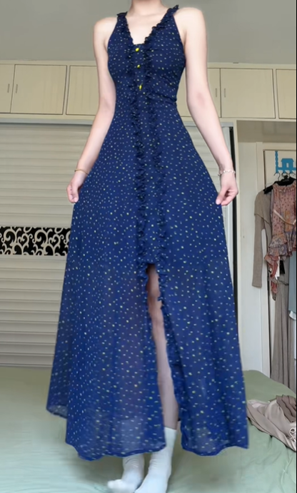 Navy Blue Polka‑Dot Halter Long Evening Dress, V‑Neck Ruffled Trim, Waist‑Defined A‑Line Maxi Dress With Front Slit gh8941