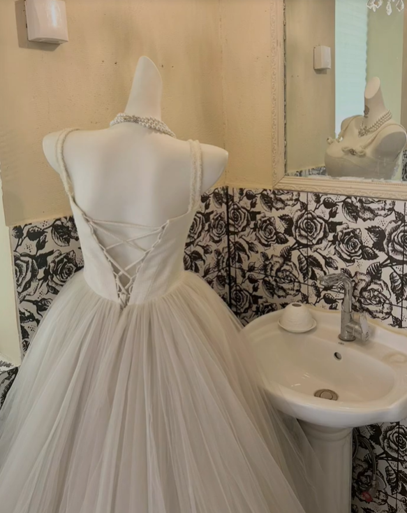 Ivory Spaghetti Straps Cinched Waist Voluminous Full Flared Skirt Long Romantic Dress, Wedding Gown gh7823