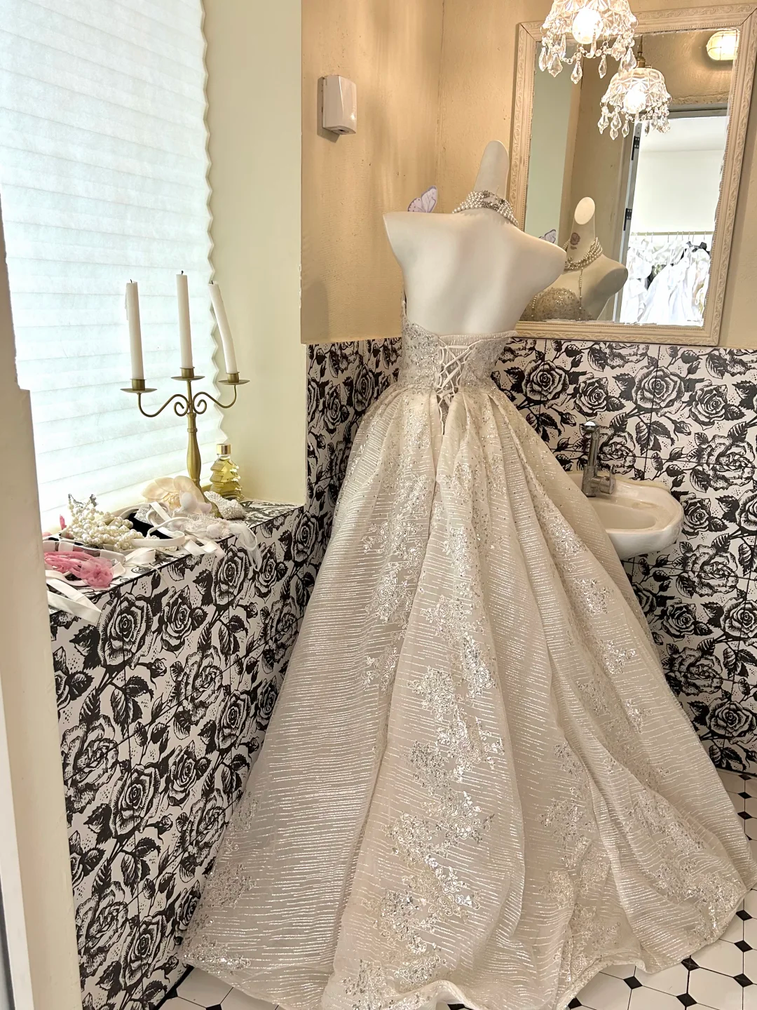 Ivory Strapless Gown with Silver Decorations, Waist-Cinched Full Flared Long Romantic Dress, Wedding Gown gh7699
