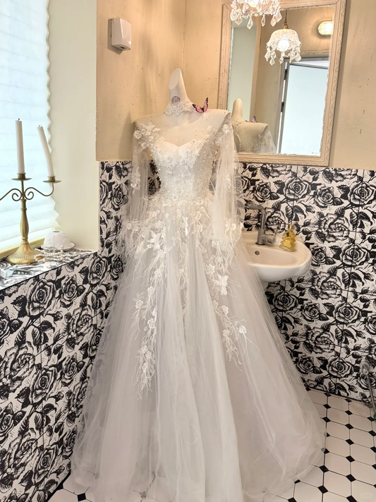 White Long Sleeve Lace Waist-Cinched Fitted Long Romantic Dress, Wedding Gown gh7494