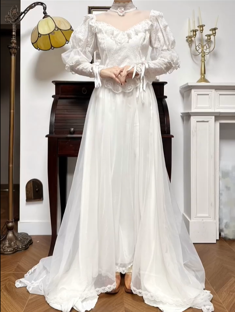 Ivory Vintage Lace High‑Neck Puff‑Sleeve Tie‑Cuff A‑Line Short Train Wedding Dress gh8774