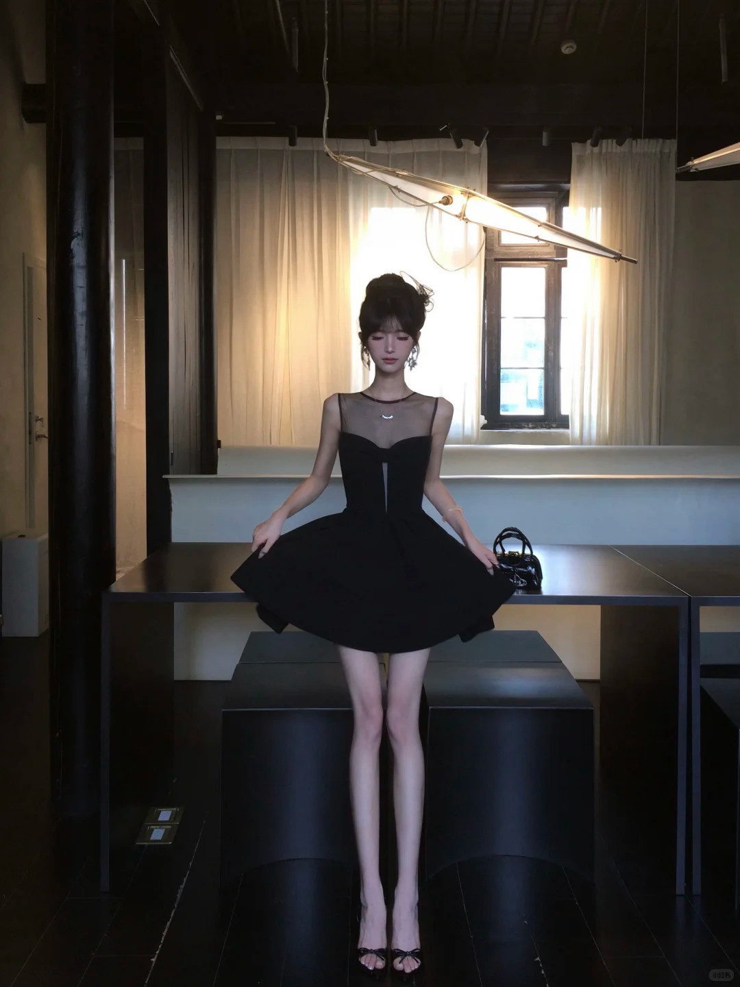 Women Elegant Black Mesh Homecoming Dress Sheer Round Neck Heart Cutout Boned Waist A-Line Flare Short Party Gown gh9439
