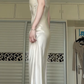 Champagne Satin Long Evening Gown, Asymmetrical Draped Neckline, Single Thin Strap, High Side Slit, Fitted Column Maxi Dress gh8935