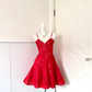 Women Red Homecoming Dress, Spaghetti Strap V‑Neck All‑Over Floral Lace Fabric High Waist Flared A‑Line Mini Cocktail Party Dress gh9225