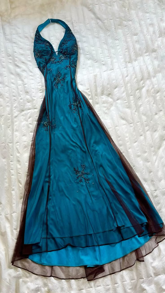 ✨Girlhomeshops-Vintage Teal Beaded Halter A Line Formal Evening Gown gh10238
