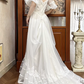 White Vintage Tulle A‑Line Wedding Prom Dress, Sweetheart V‑Neck Ruffle Puff Sleeves, 3D Floral Lace Appliqués, Tiered Cake Hem gh8707