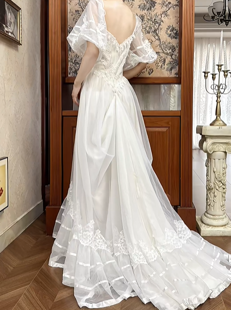 White Vintage Tulle A‑Line Wedding Prom Dress, Sweetheart V‑Neck Ruffle Puff Sleeves, 3D Floral Lace Appliqués, Tiered Cake Hem gh8707