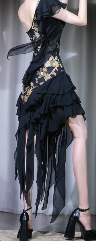 ✨Girlhomeshops-Black Gold Floral Print Asymmetrical Cocktail Dress, Square Neck Chiffon Ruffle Formal Gown gh9935