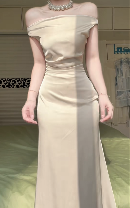 Off‑White Off‑The‑Shoulder Satin Long Evening Gown, Draped Fitted Mermaid Formal Prom Dress gh9034