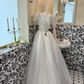 Ivory Rhombus Rhinestone Puff Sleeve Waist-Cinched Full Flared Romantic Dress, Wedding Gown gh7524