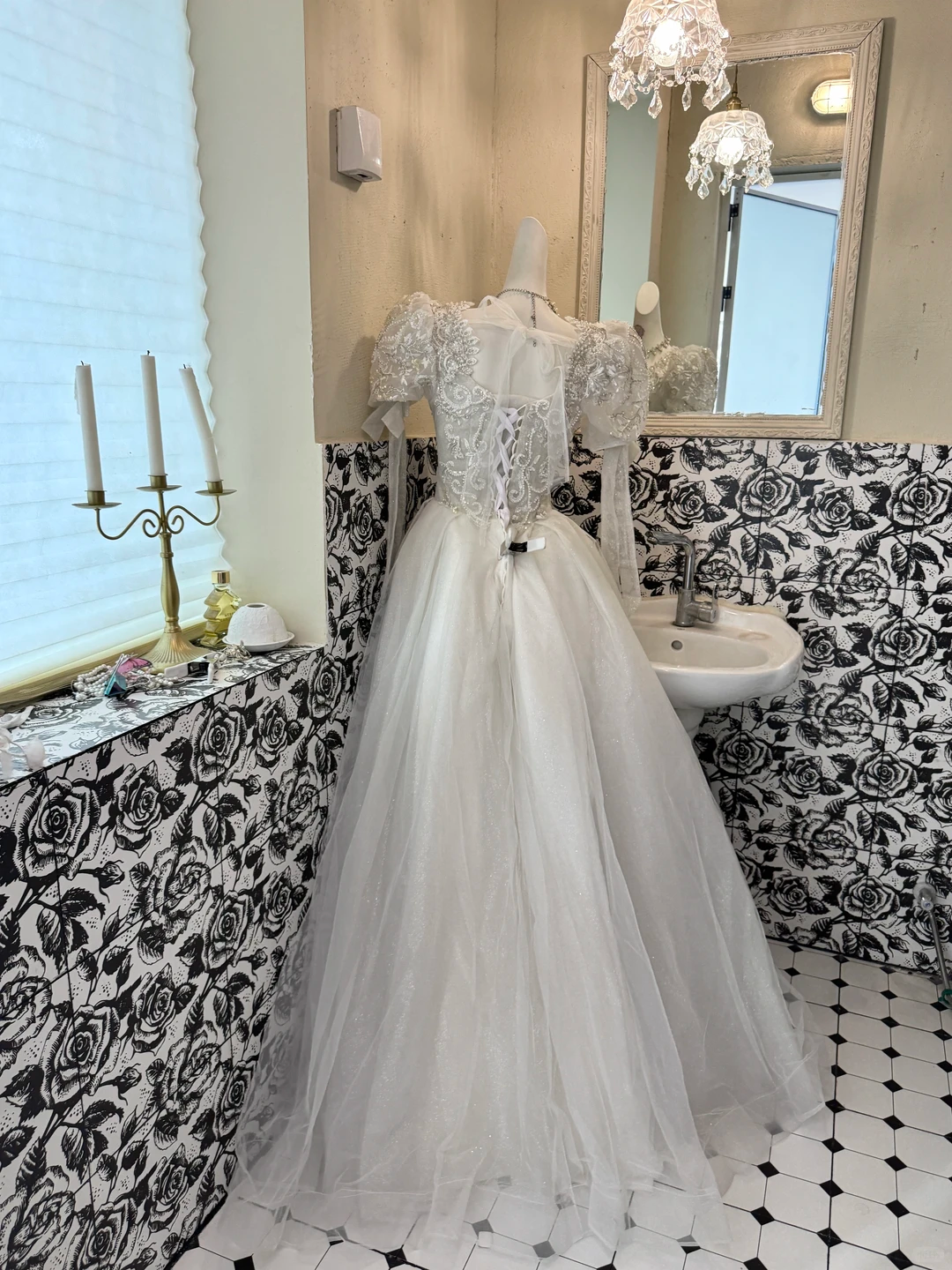 Ivory Rhombus Rhinestone Puff Sleeve Waist-Cinched Full Flared Romantic Dress, Wedding Gown gh7524
