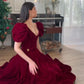 Burgundy Velvet V Neck Short Puff Sleeve Beaded A-Line Long Floor Length Ball Gown Evening Dress Christmas Party Dress gh3042