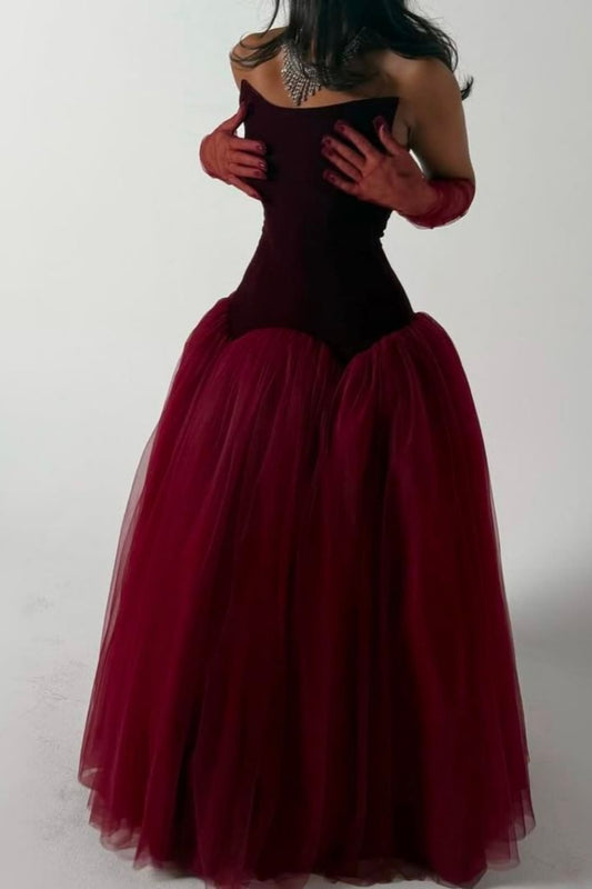Ärmelloses burgunderrotes Ballkleid aus Samt und Tüll | Luxuriöses, elegantes, bodenlanges Kleid mit Einsätzen für den Galaball gh6473