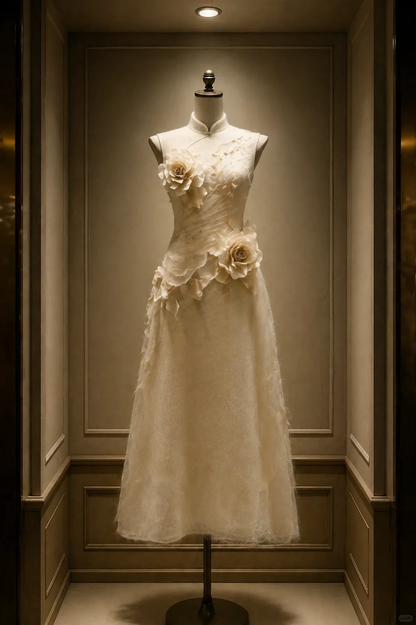 ✨Girlhomeshops-Cream White 3D Camellia Tulle Cheongsam Qipao gh10452