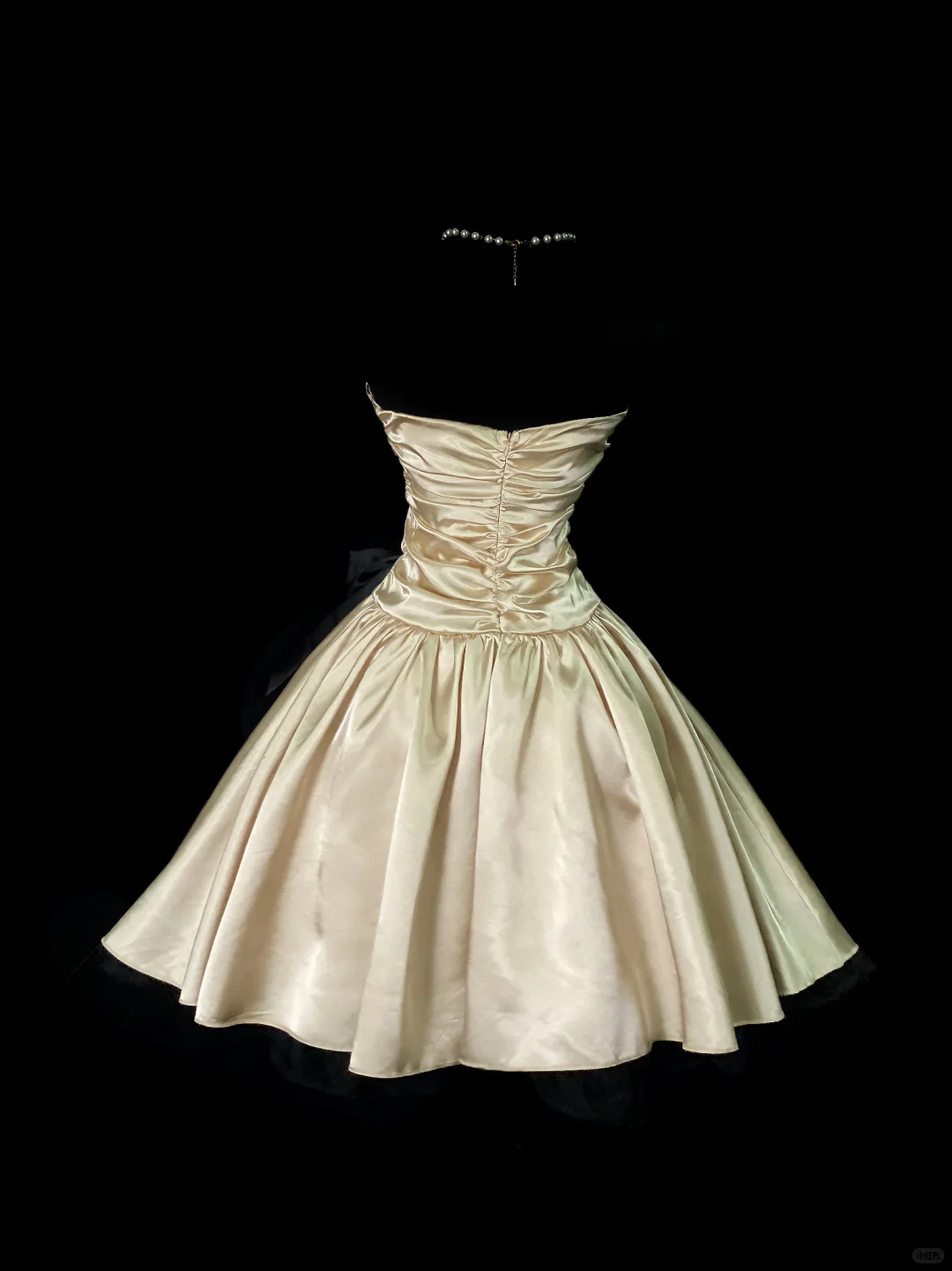 Champagne Satin Strapless Vintage Midi Prom Gown, Ruched Bodice, Large Side Black Satin Bow, High Fitted Waist, A‑Line Full Midi Skirt, Black Tulle Lining, Retro Cocktail Party Dress gh8876