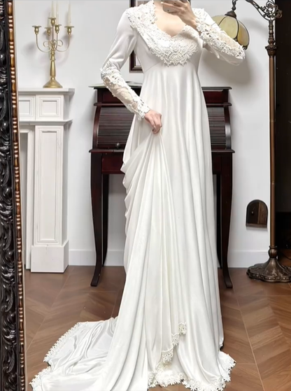 Ivory Vintage Soft Satin Wedding Gown, Lace‑Trimmed V‑Neck, Lace Inset Long Sleeves, Lace Appliqué Empire Waist, Draped Simple A‑Line Long Skirt, Lace Scalloped Hem, Short Train, Bridal Prom Dress gh8778