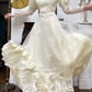 Ivory Vintage Leg‑of‑Mutton Sleeve Satin Tulle Lace‑Ruffle Long Train Wedding Dress gh8766