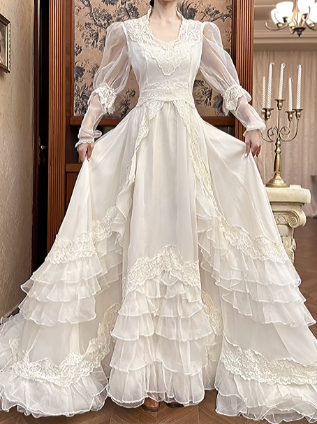 Ivory Vintage Tulle Wedding Gown, V‑Neck Lace Trim Collar, Puff Long Sleeves With Lace Cuffs, Wide Lace Belt Fitted Waist, Lace Trim Panel Skirt, Multi‑Tier Ruffle Cake Long Train, Prom & Wedding Dress gh8672