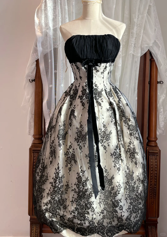 Black and White Strapless Vintage Ballgown, Floral Lace Party Dress gh9325