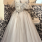 Ivory Off-Shoulder Waist-Cinched Embroidered Vintage Elegant Full Flared Romantic Dress, Wedding Gown gh7511
