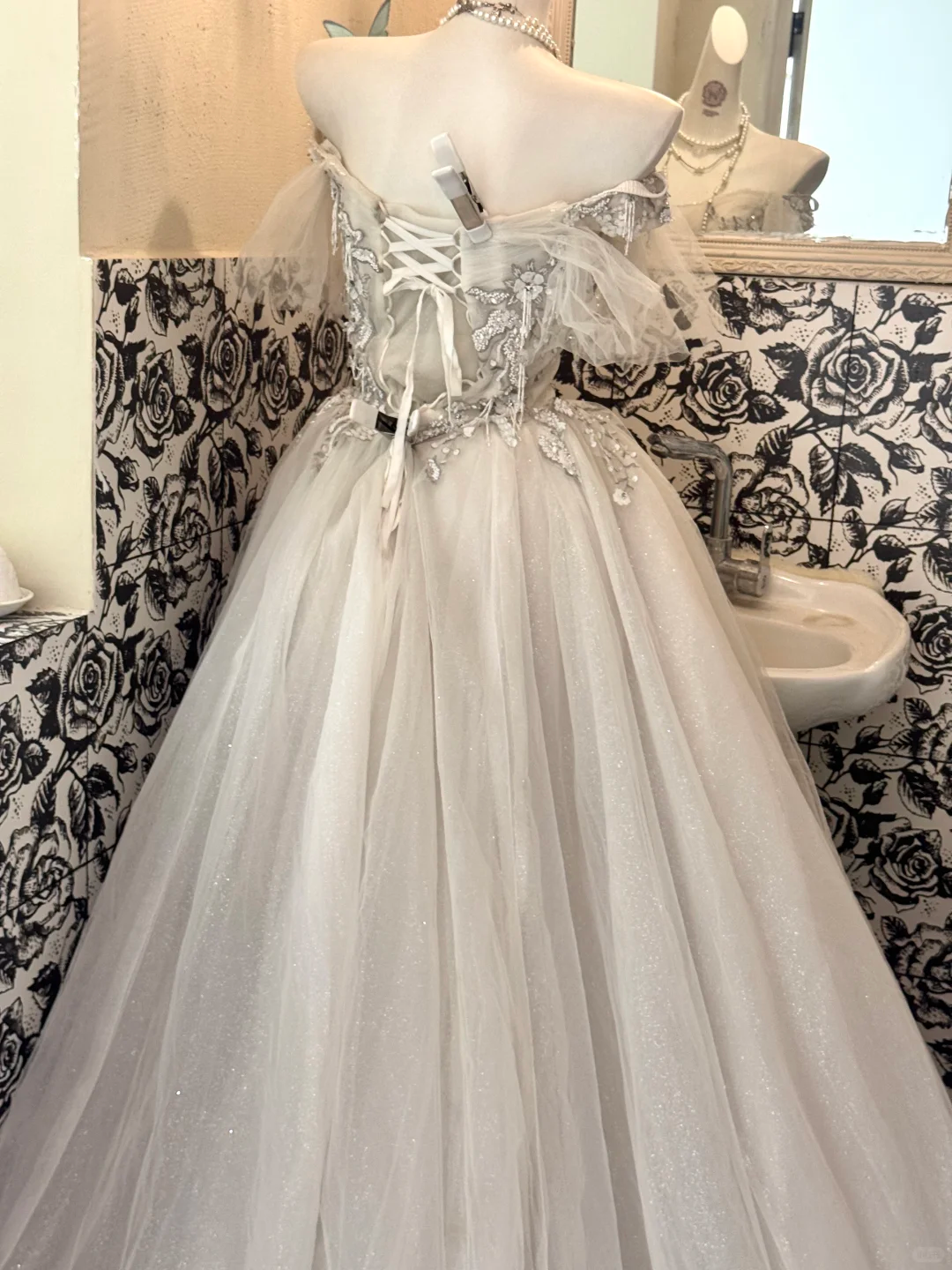 Ivory Off-Shoulder Waist-Cinched Embroidered Vintage Elegant Full Flared Romantic Dress, Wedding Gown gh7511