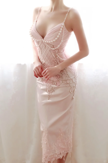 Women Romantic Midi Cocktail Dress Pearl Strap Deep V Corset Top Blush Pink Hand Beaded 3D Floral Lace Satin Evening Gown gh9589