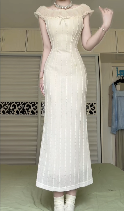Ivory Vintage Midi Mermaid Evening Gown, Off‑the‑Shoulder Ruffle Tulle Neck Bow Detail Textured Lace Formal Dress for Party Banquet gh8964