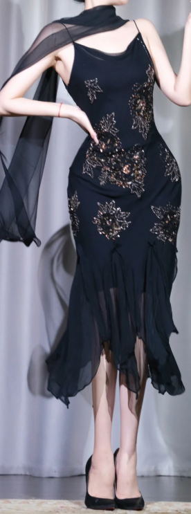 ✨Girlhomeshops-Spaghetti Straps Beaded Midi Prom Dress, Black Irregular Chiffon Evening Gown with Shawl gh9927