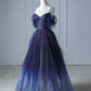 Blue beautiful gradient shiny beads spaghetti strap tulle long ball gown evening dress gh2580