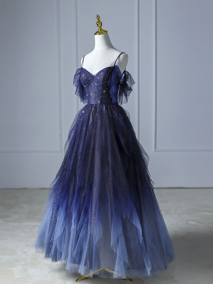 Blue beautiful gradient shiny beads spaghetti strap tulle long ball gown evening dress gh2580