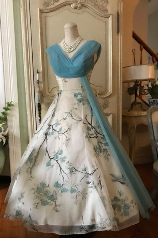 girlhomeshops-Blaues Vintage-Blumenkleid, lang, Tüll, Ballkleid, Brautkleid, gh5834