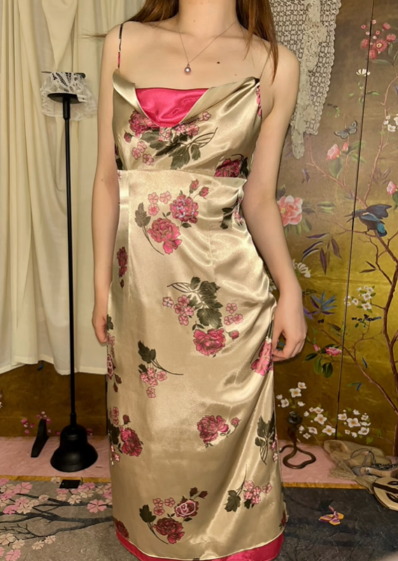 Champagne Gold Vintage Rose Floral Satin Spaghetti Strap Prom & Evening Party Dress gh8413