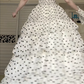 White‑Base Black Polka‑Dot Spaghetti Strap Long Evening Gown, Bow V‑Neck Tiered Cake Skirt Formal Prom Dress gh9026