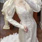 Ivory Vintage Satin Mermaid Wedding Prom Dress, Sheer Illusion Sweetheart, Leg‑of‑Mutton Puff Sleeves, Floral Lace Appliqués, Multi‑Tier Ruffled Cake Train gh8689