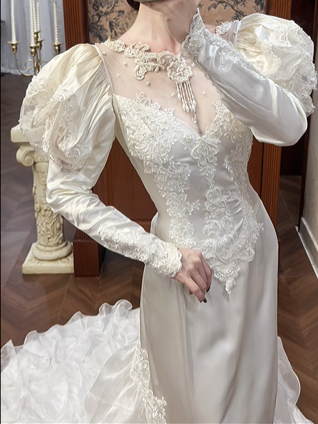 Ivory Vintage Satin Mermaid Wedding Prom Dress, Sheer Illusion Sweetheart, Leg‑of‑Mutton Puff Sleeves, Floral Lace Appliqués, Multi‑Tier Ruffled Cake Train gh8689
