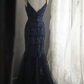 Navy V‑Neck Spaghetti Strap Mermaid Evening Gown, Floral Lace Sequin Applique Tulle Train Formal Prom Dress gh9121