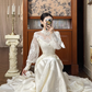 Off‑White Vintage Victorian Illusion High‑Neck Lace Puff Long Sleeve Fitted Waist Satin Long Prom Gown, Wedding Dress gh8614