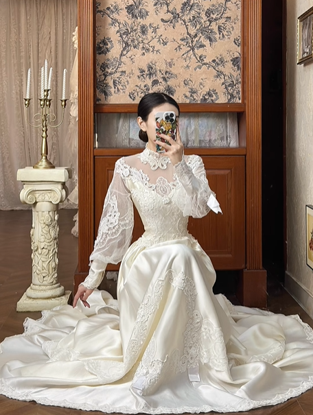 Off‑White Vintage Victorian Illusion High‑Neck Lace Puff Long Sleeve Fitted Waist Satin Long Prom Gown, Wedding Dress gh8614