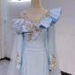 Light Blue Gradient Asymmetric Neckline Waist-Cinched Fitted Long Evening Dress, Fairy Gown, Romantic Gown gh7379