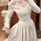 Light Champagne Apricot Vintage Off‑the‑Shoulder V‑Neck 3D Floral Lace Long Satin Sleeve Fitted Waist Full Flared Train Long Prom Gown, Wedding Dress gh8613