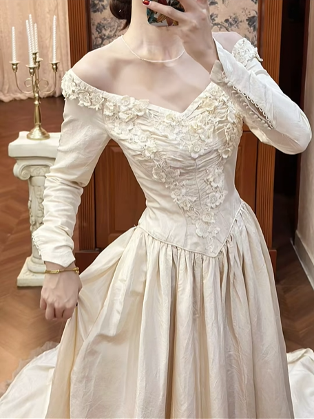 Light Champagne Apricot Vintage Off‑the‑Shoulder V‑Neck 3D Floral Lace Long Satin Sleeve Fitted Waist Full Flared Train Long Prom Gown, Wedding Dress gh8613