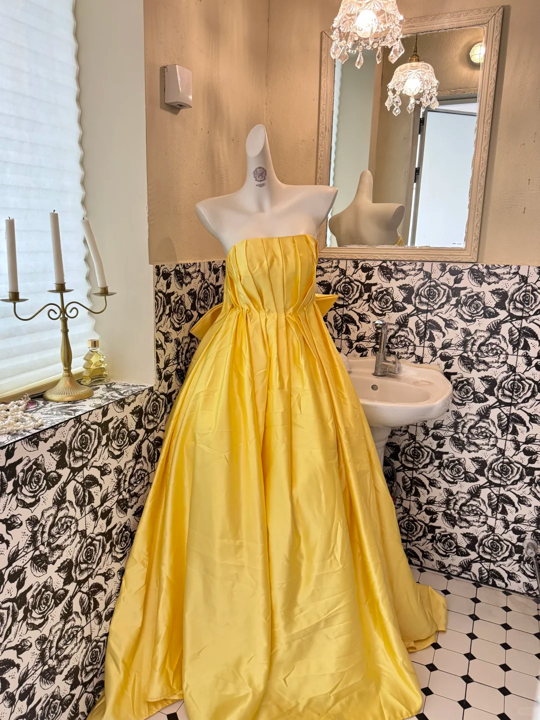 Bright Yellow Strapless Waist-Cinched Voluminous Princess Skirt Elegant Vintage Romantic Dress, Wedding Gown gh7570