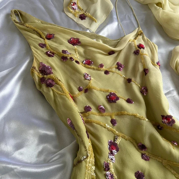 Robe de soirée longue brodée vintage magnifique et exquise à bretelles spaghetti jaune et verte gh2932