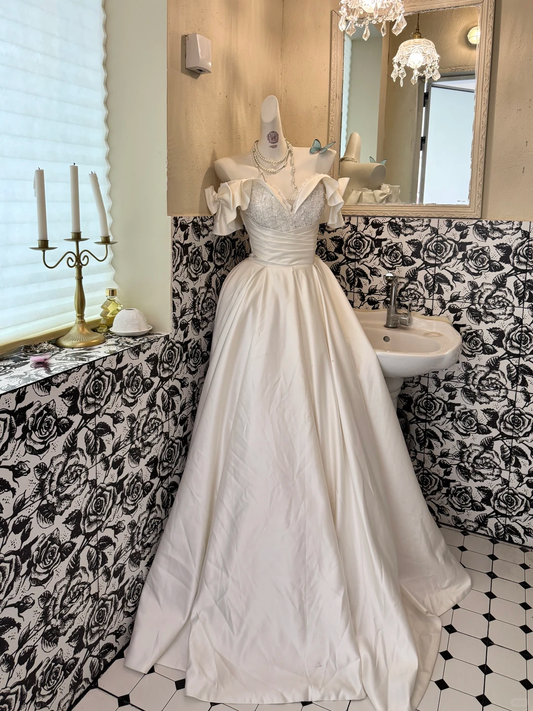 White Off Shoulder Satin Waist-Cinched Full Flared Romantic Dress, Wedding Gown gh7534